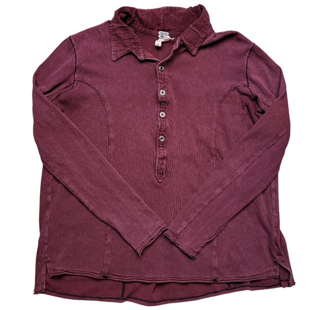 Free People We The Free Wine Colored Collared Long Sleeve Henley Raw Edges XS